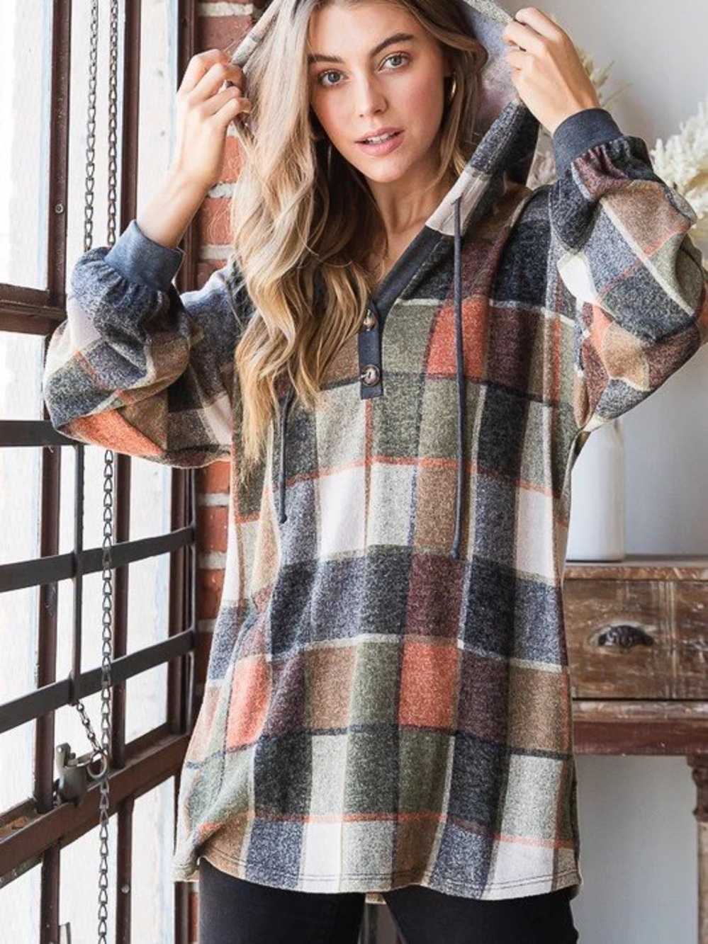 Heimish USA Plaid Hoodie Top 3X Oversized Button Neck Fall Cozy Tunic